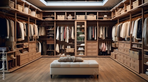Big wardrobe with clothes in dressing room photo