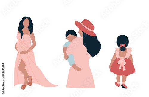 Vector simple flat illustration of a mother and a baby, a pregnant woman and a little girl