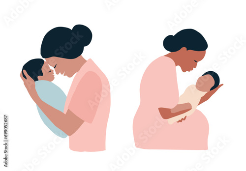 Vector simple flat illustration of a loving mother and baby