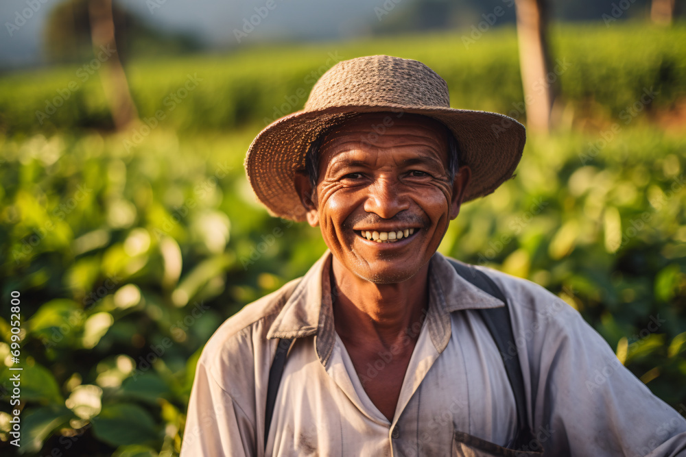 Portrait of a tea farmer smiling, depicting the concept of fair trade tea production