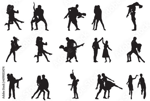 Collection of couple in different poses vector silhouette se. Silhouette of couple dancing on white background. 