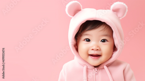 Little cute asian baby on pink background