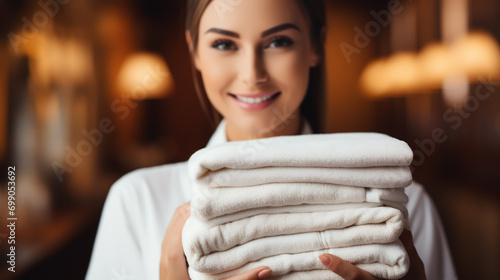 Towels in the hands of the maid. Cleaning the hotel room. Copy space. The concept of the hotel business.
