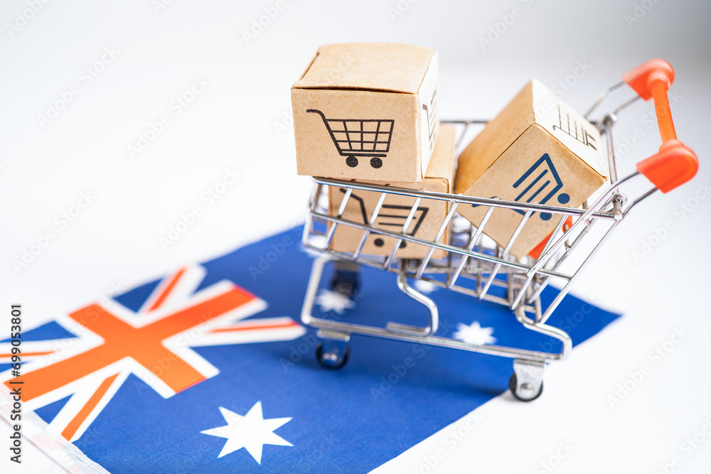 Box with shopping online cart logo and Australia flag, Import Export commerce finance delivery trade.