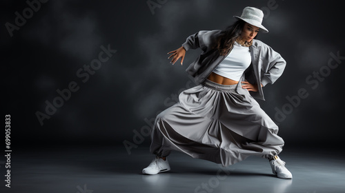 Abstract silhouette of a young hip-hop dancer, breake dancing woman isolated on black background. photo