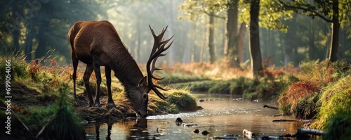 Deer with large antlers drinking fresh water from a stream