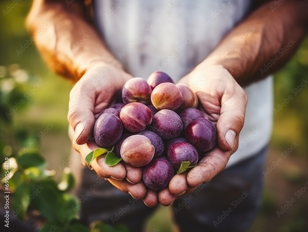 Close up of farmer male hands picking fresh plums. the front view. Organic food, harvesting and farming concept Close up of farmer male hands picking fresh plums. the front view. Organic food, harvesting and farming concept