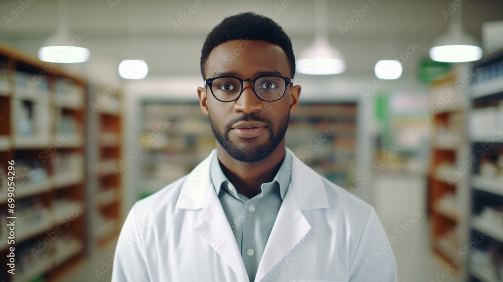 Fototapeta premium african male pharmacist standing by shelf at the pharmacy store.