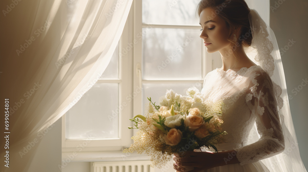 Portrait of the beautiful bride against a window indoors Portrait of the beautiful bride against a window indoors
