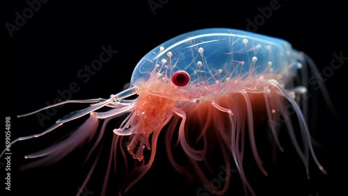 An of a tiny sea creature, such as a plankton or krill, ingesting a piece of microplastic, shedding light on the widespread problem of plastic ingestion and bioaccumulation in marine photo