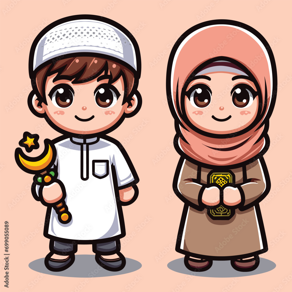 Free vector cute Muslim Eid Fitr celebrating greeting Free vector cute Muslim Eid Fitr celebrating greeting