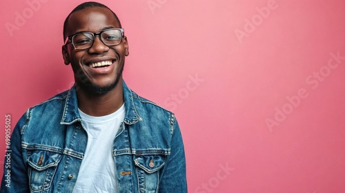 Cheerful african man wearing glasses jean jacket having white smile , copy space for your text advertisement 