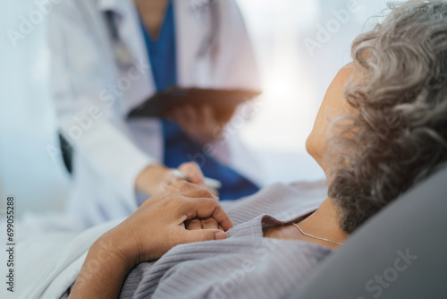 Healthcare concept of professional psychologist consulting doctor and comforting patient in psychotherapy session or health diagnosis consultation. photo