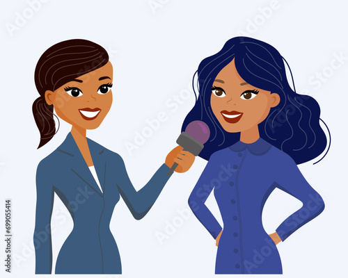 Woman journalist interviewing a businesswoman. Flat style illustration, vector