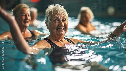 Retirement reimagined: active senior women radiate health and happiness during a playful aqua fitness routine photo