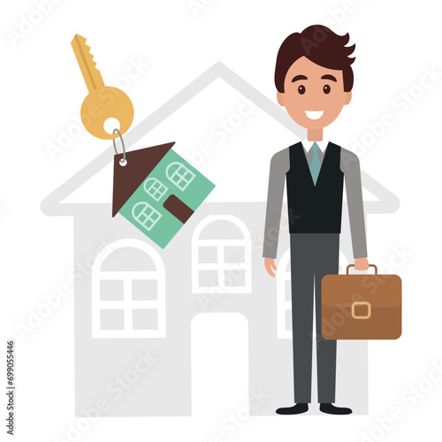 Male realtor and house with key. Business concept. Vector, flat style illustration