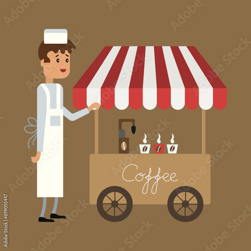 Coffee drinks vendor and street coffee kiosk. Flat style illustration, vector