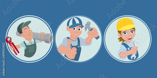 Male repairmen with tools, business round icons set. Icons in flat style, vector