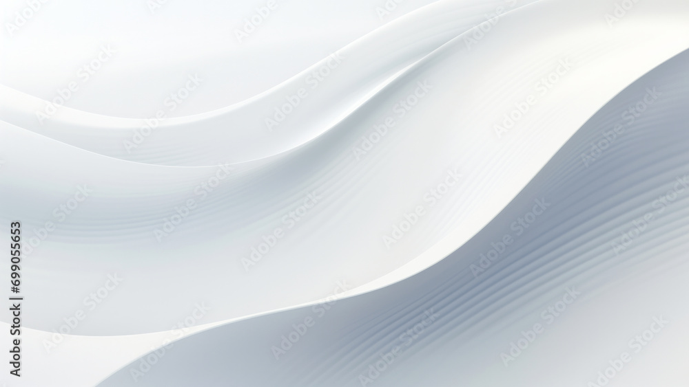 Abstract delicate white waves design with smooth curves and soft shadows on clean modern background. Fluid gradient motion of dynamic lines on minimal backdrop