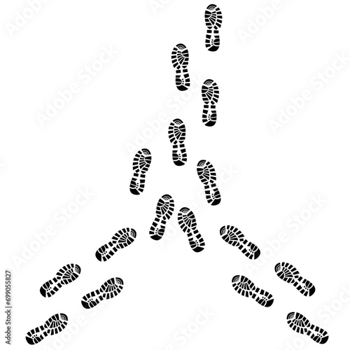 Vector silhouette of footprints running from two directions and merging. Footprints from sneakers on a white background. Rock climbing, walking and health banner.