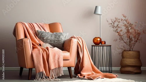 Minimalistic view of a Peach Fuzzcolored throw blanket dd over a leather armchair in a Southwestinspired bedroom. photo