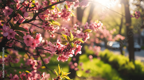 Morning light spills through blooming cherry blossoms, the delicate pink petals contrast beautifully against the vibrant green, signaling the arrival of spring.
