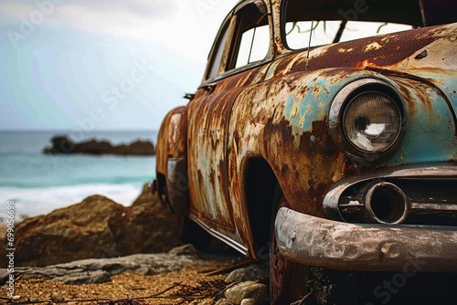 A vintage car slowly rusting away on a beach.