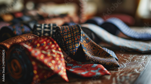 An assortment of multicolored business male neckties. Different male ties, background for business clothing and accessories store.