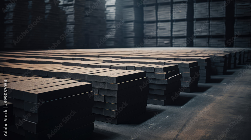 Close-up of a stack of grey paving tiles in a warehouse. Production and sale of stone paving tiles for street flooring. Construction industry, building materials. - obrazy, fototapety, plakaty 