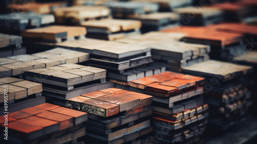 Close-up of a stack of paving tiles in a warehouse. Production and sale of stone paving tiles for street flooring. Construction industry, building materials.