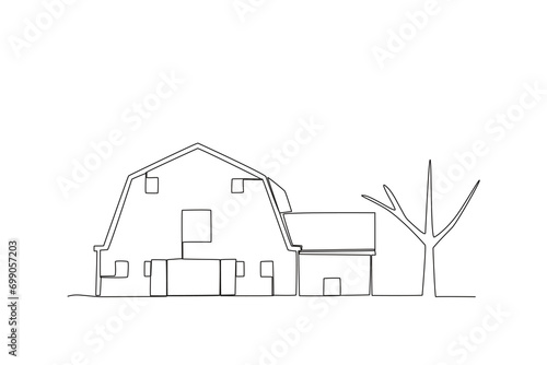 One single line drawing of Farm shed. Mascot emblem concept for animal husbandry image. Modern continuous line graphic draw design vector illustration