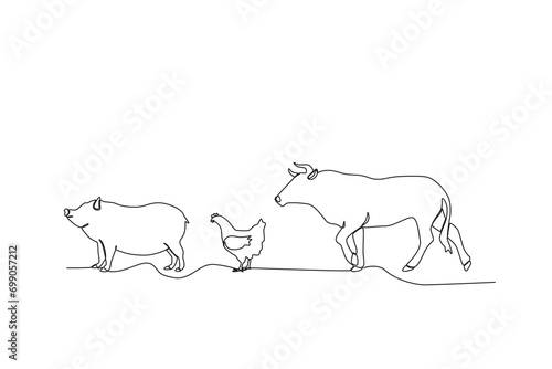 One single line drawing of Pigs, chickens and buffaloes on the farm. Mascot emblem concept for animal husbandry image. Modern continuous line graphic draw design vector illustration