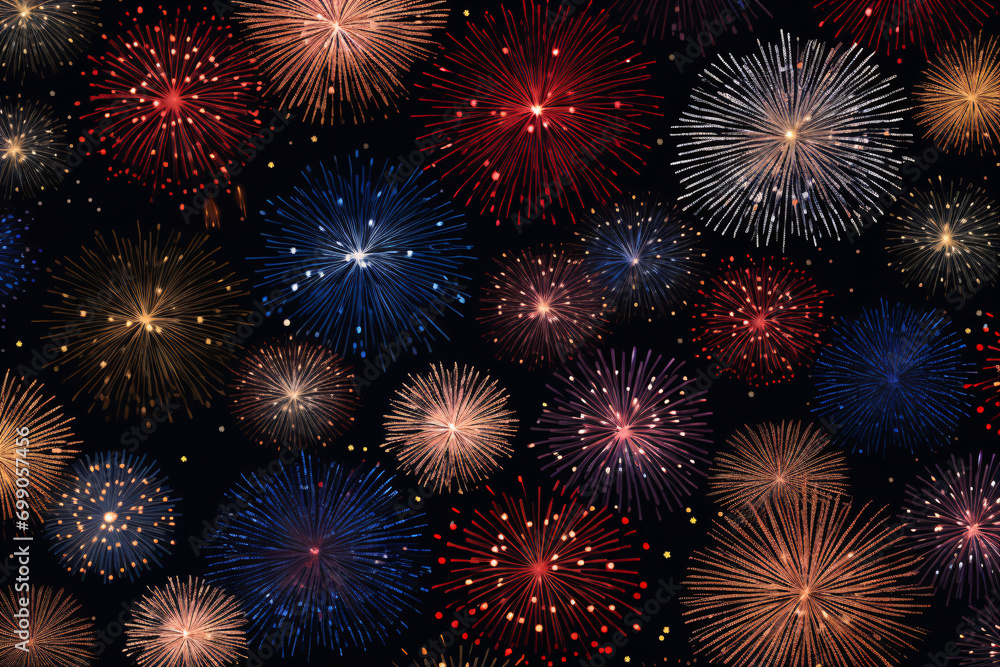 Naklejka premium Fireworks pattern background, new year's or 4th of July Independence Day illustration