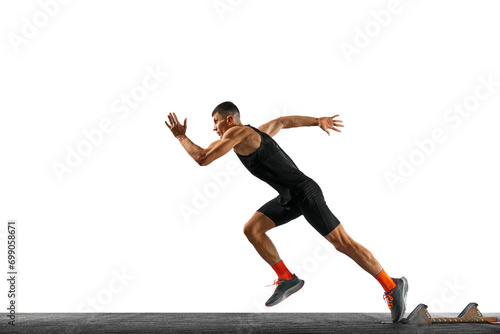 Side view body size portrait of young sportsman, professional runner runs up quickly in motion against white background. Concept of sport, active lifestyle, action. Ad. Copy space for text.