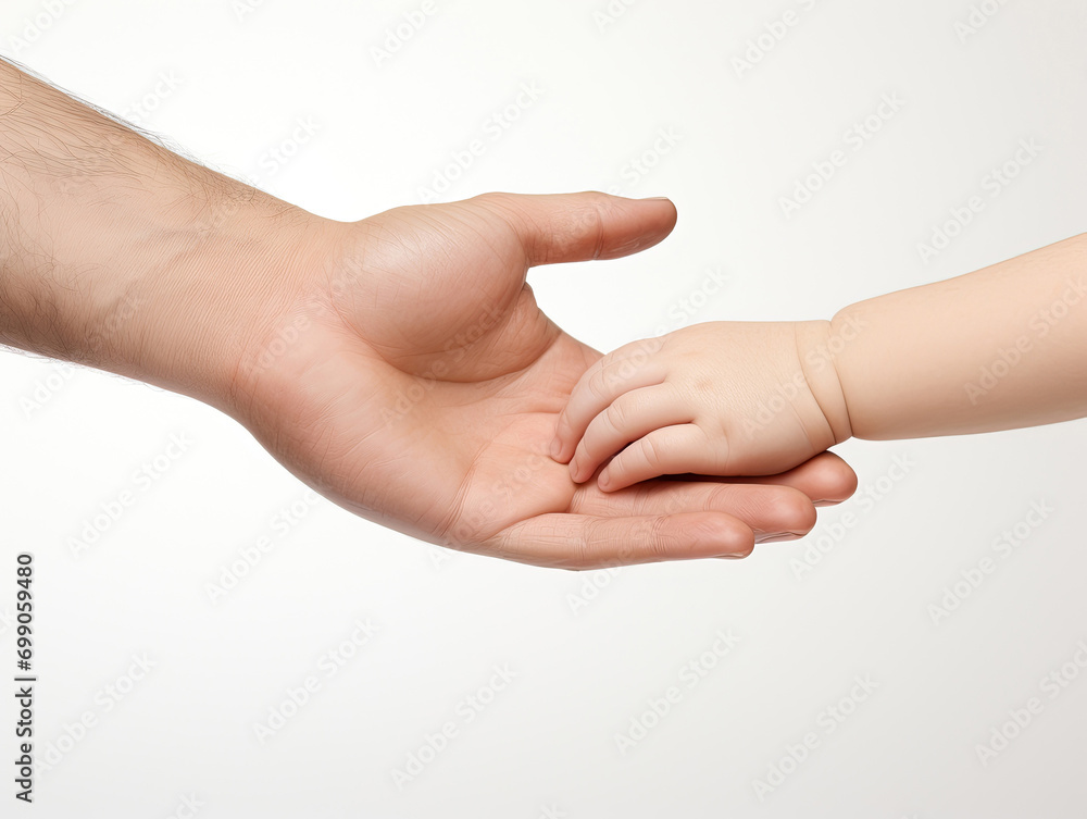A man's hand holds a baby's hand on a white background. Banner concept for baby or child care products.