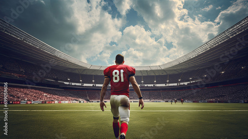 From the back, an American football player walks through the stadium. photo