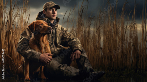 A male hunter and a German shorthaired pointer dog are sitting in the reeds by the lake. photo