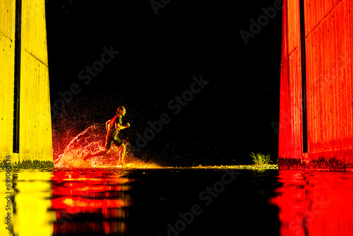 Young man running in river water with neon lights under bridge photo