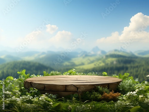 Natural podium product display with leaves tropical forest background photo