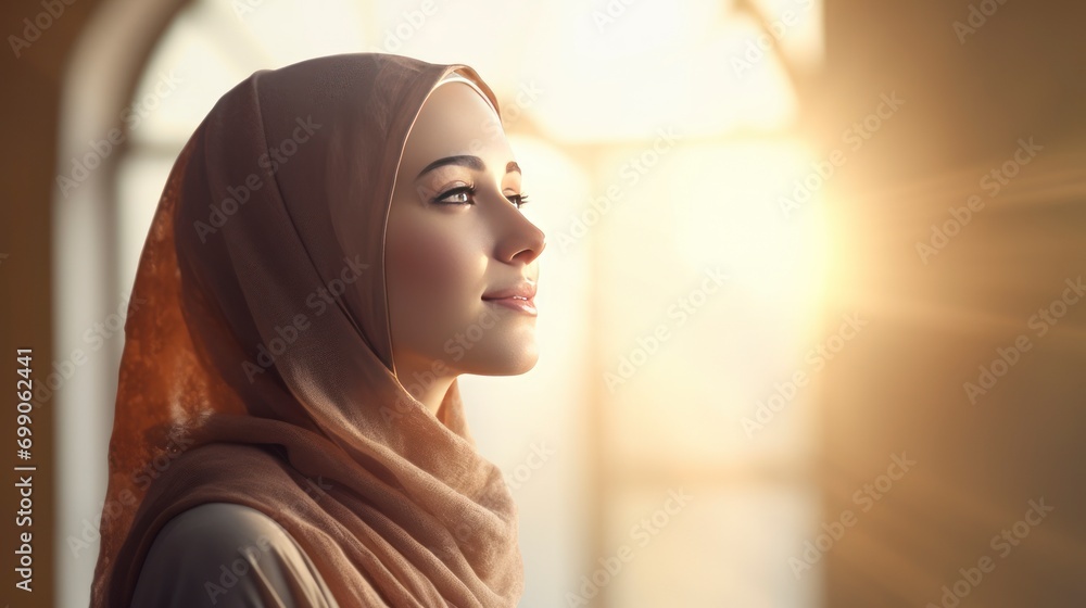 a beautiful Muslim woman wearing a hijab, seen from the side praying to God, with a blurry background and sunlight in front of her, Ramadan greeting card, copy space - generative ai a beautiful Muslim woman wearing a hijab, seen from the side praying to God, with a blurry background and sunlight in front of her, Ramadan greeting card, copy space - generative ai