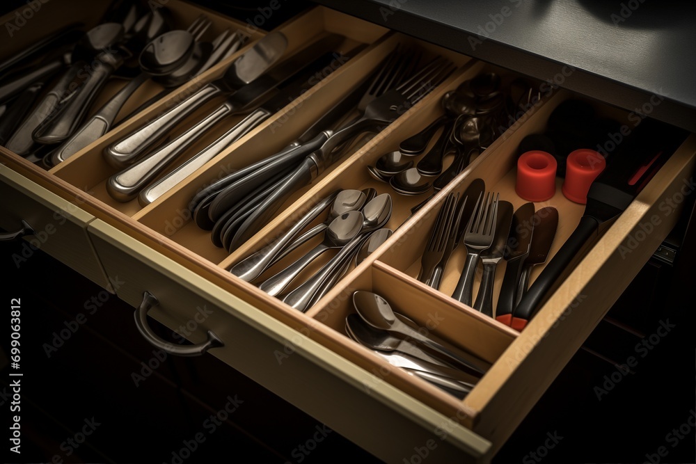 A drawer filled with silverware and utensils A drawer filled with silverware and utensils
