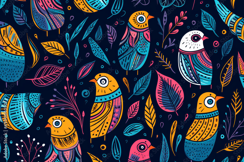 Naklejka premium Abstract birds and leaves background wallpaper, illustration for postcards or web design