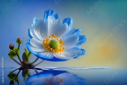 Beautiful blue anemone flower on a blue background with reflection