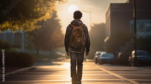 Male high schooler walking on a sidewalk alone photo