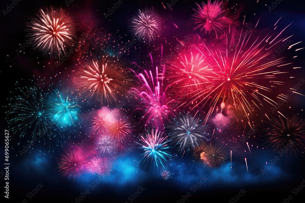 Holiday. A skyline with fireworks lights up the sky. Beautiful night view of the city landscape. Holidays, New Year celebration. Holiday. A skyline with fireworks lights up the sky. Beautiful night view of the city landscape. Holidays, New Year celebration.