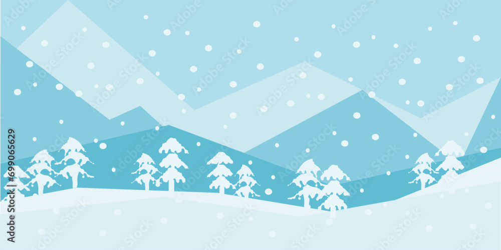 White and blue tone of winter landscape, snowy mountains and forest, snowfall, alpine