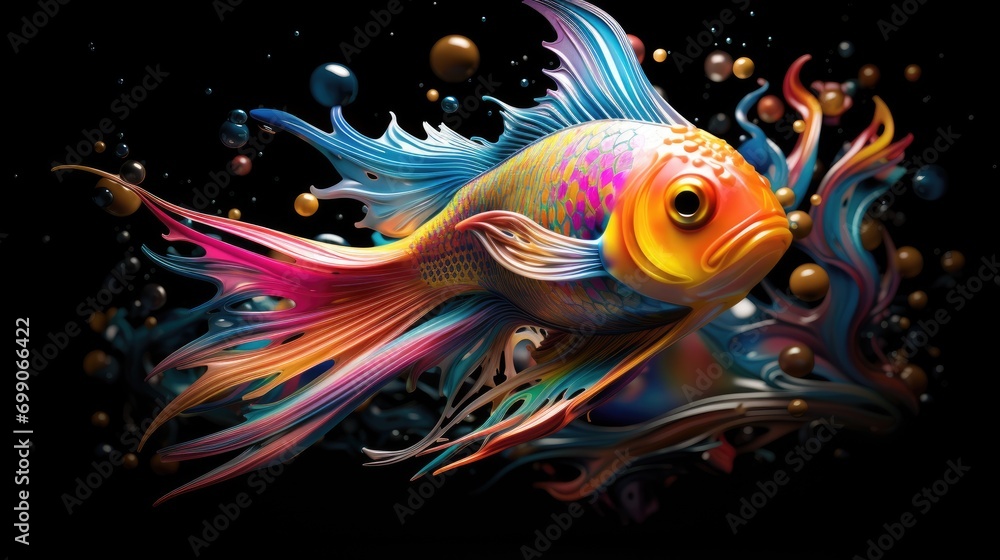 Close-up artistic movement of a fish, isolated on a black background. Fine art design concept.colored fish