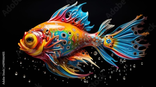 Close-up artistic movement of a fish  isolated on a black background. Fine art design concept.colored fish