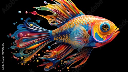 Close-up artistic movement of a fish, isolated on a black background. Fine art design concept.colored fish