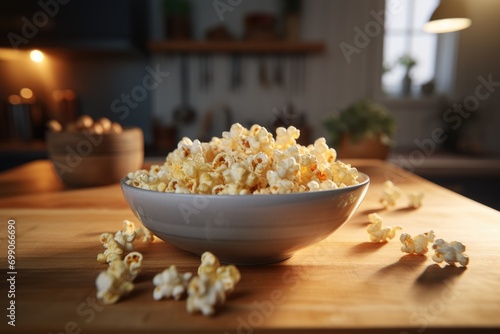 White salted popcorn for watching a movie on TV at home. popcorn and TV remote control.